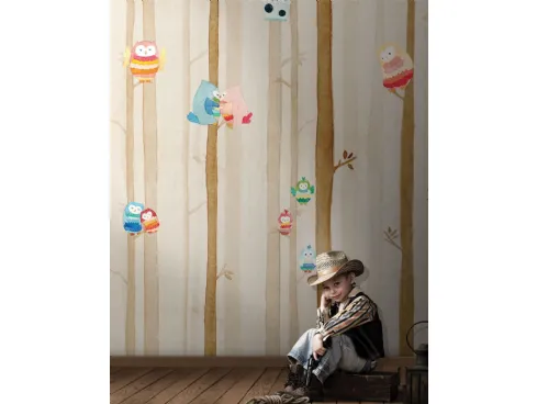 Carta da parati per camerette con gufetti colorati nel bosco Dakota di London Art