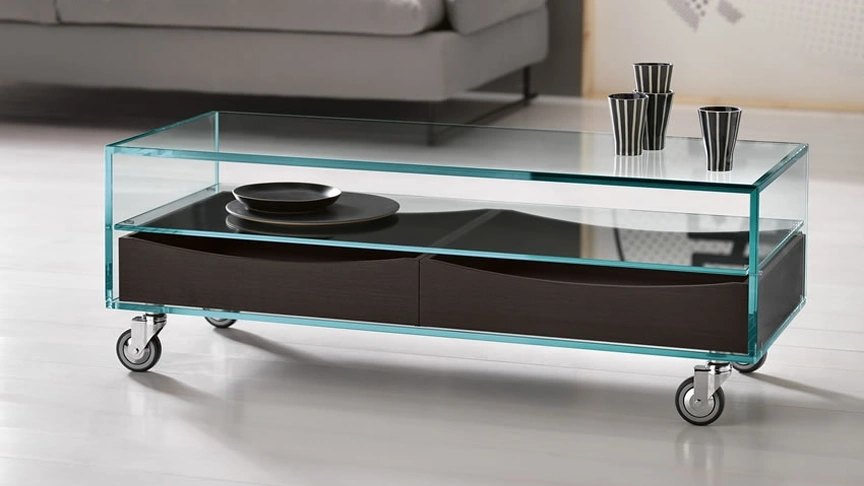  Tavolino Comò basso in vetro su ruote di Tonelli