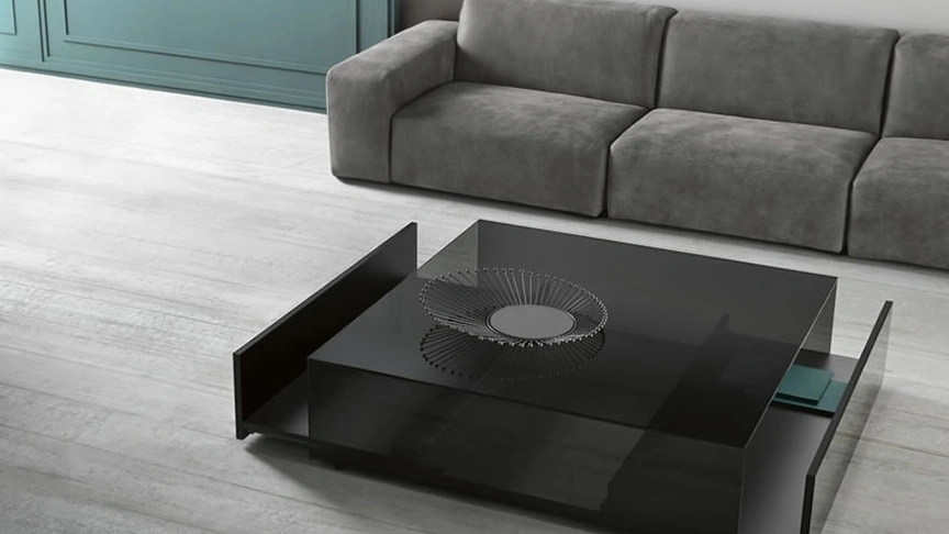 Tavolino in vetro con cassetti interni in legno Gotham di Tonelli