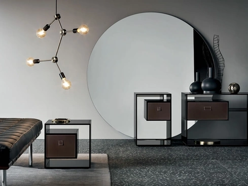 Tavolino in vetro con base a specchio con cassetto in legno Liber di Tonelli