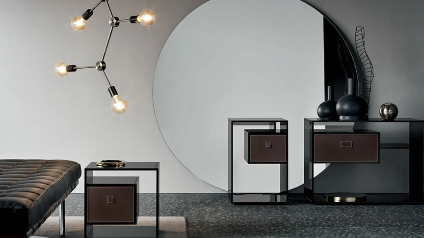 Tavolino in vetro con base a specchio con cassetto in legno Liber di Tonelli