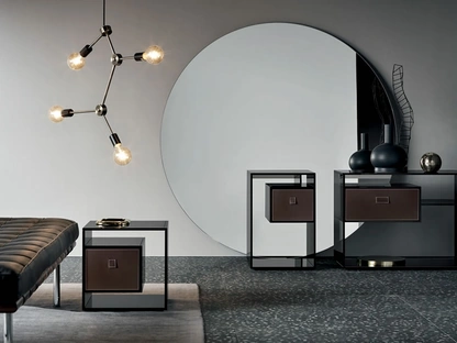 Tavolino in vetro con base a specchio con cassetto in legno Liber di Tonelli