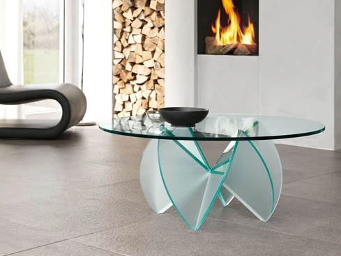 Tavolino rotondo in vetro trasparente con base in vetro acidato Rosa del Deserto di Tonelli