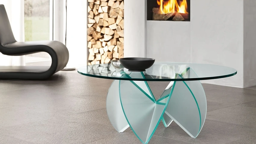 Tavolino rotondo in vetro trasparente con base in vetro acidato Rosa del Deserto di Tonelli