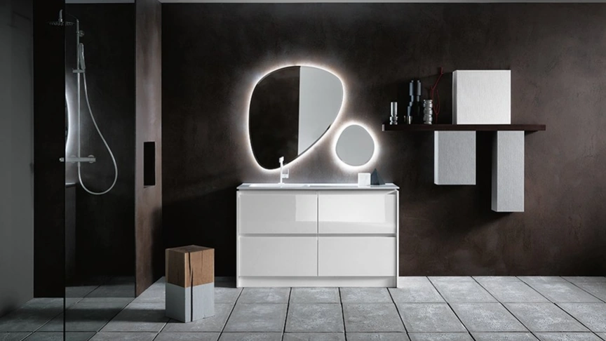 Mobile Bagno da appoggio in laccato bianco lucido e lavabo in Mineralguss INK NK09 di Compab