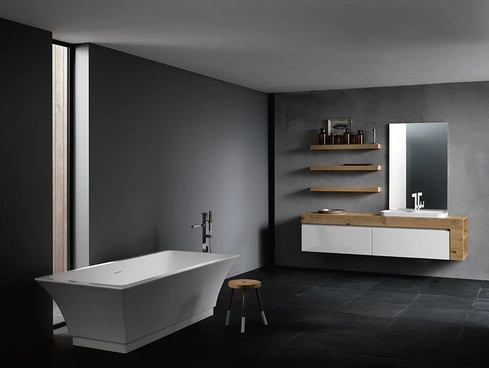 Mobile da Bagno sospeso con piano in legno di rovere e frontali in laccato bianco lucido INK NK13 Compab