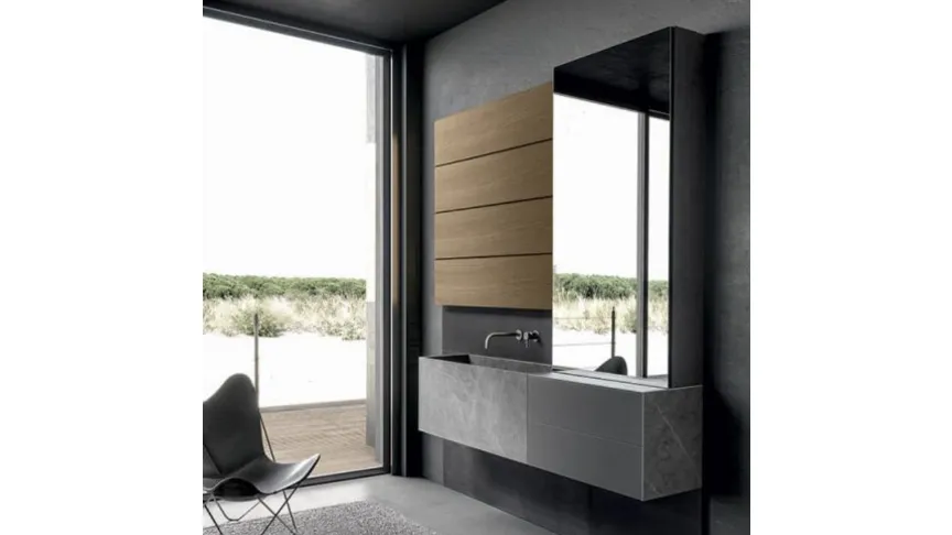 Mobile da Bagno sospeso Blade 02 in gres stone Grey, vetro satinato e boiserie in Noce di Modulnova bagni