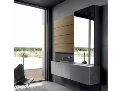 Mobile da Bagno sospeso Blade 02 in gres stone Grey, vetro satinato e boiserie in Noce di Modulnova bagni