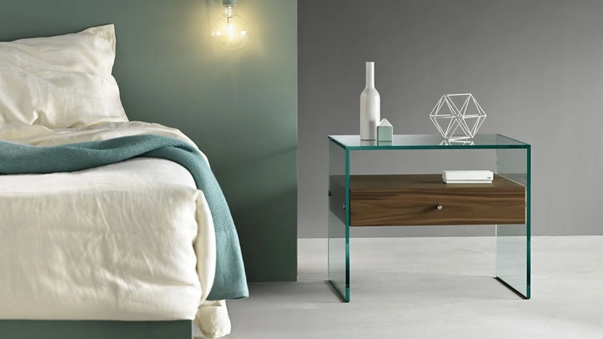 Comodino a ponte in vetro con cassetto finitura legno Secret di Tonelli