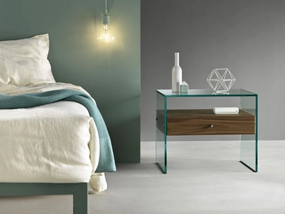 Comodino a ponte in vetro con cassetto finitura legno Secret di Tonelli