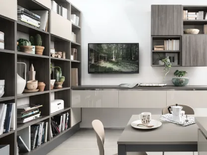 Libreria a muro Living finitura Cedro Scuro di Veneta Cucine