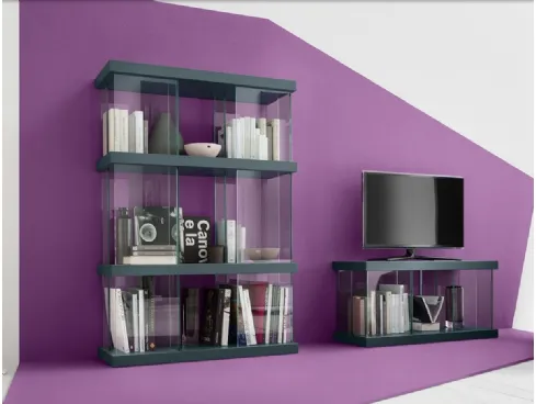 Libreria a muro Mensola 10 in laccato opaco Verde Petrolio e Vetro di Veneta Cucine