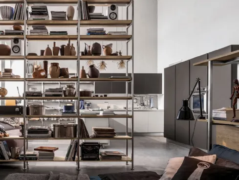 Libreria divisoria Tribeca finitura acciaio e Play Rovere Medio di Veneta Cucine