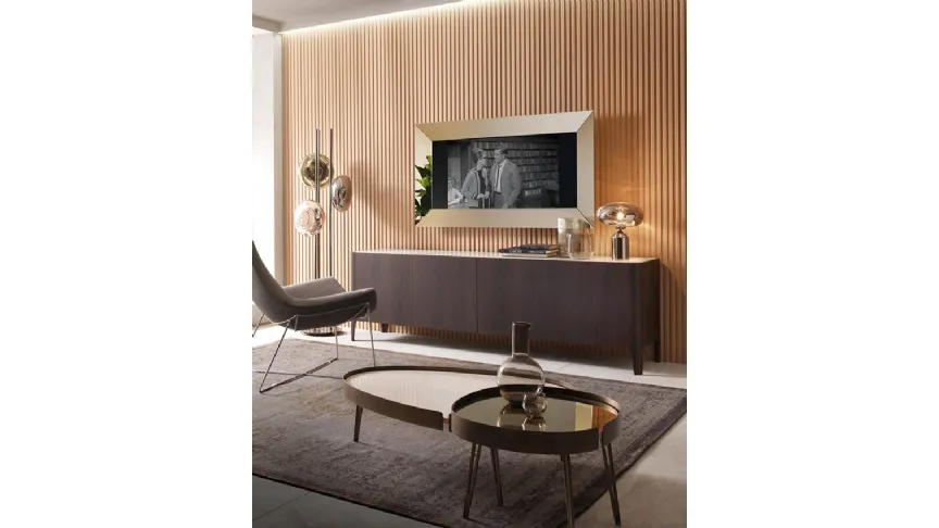 Madia Cross finitura Rovere Coke termotrattato con top in ceramica di Riflessi