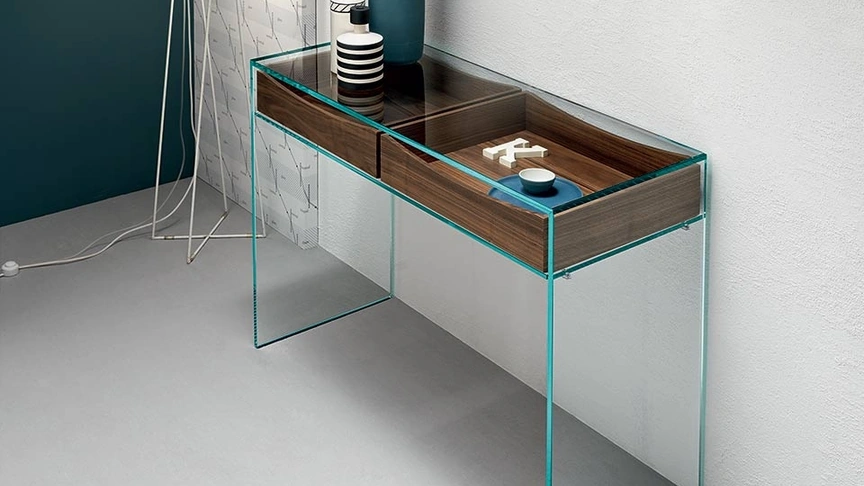Mobile ingresso a ponte in vetro con cassetti in legno Gulliver 2 di Tonelli