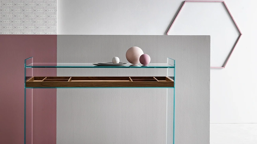 Mobile ingresso in vetro con cassetto in legno Quiller Consolle di Tonelli