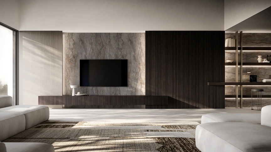 Parete Attrezzata Groove in legno e gres di Modulnova
