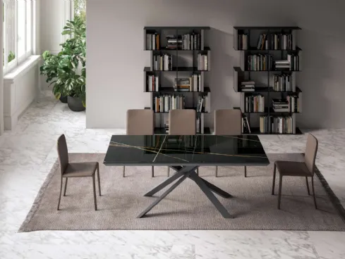 Tavolo allungabile e allargabile 4x4 in Marble Glass Sahara Noir Lucido di Ozzio