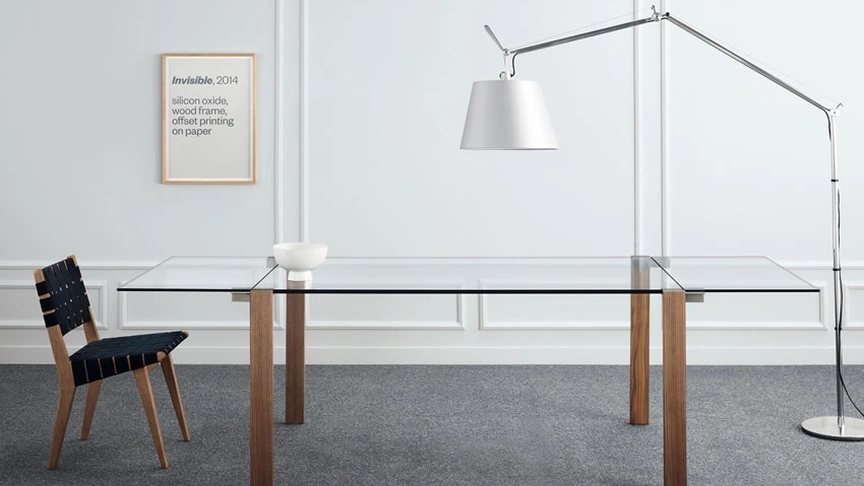 Tavolo allungabile in vetro con gambe rivestite in legno Livingstone di Tonelli