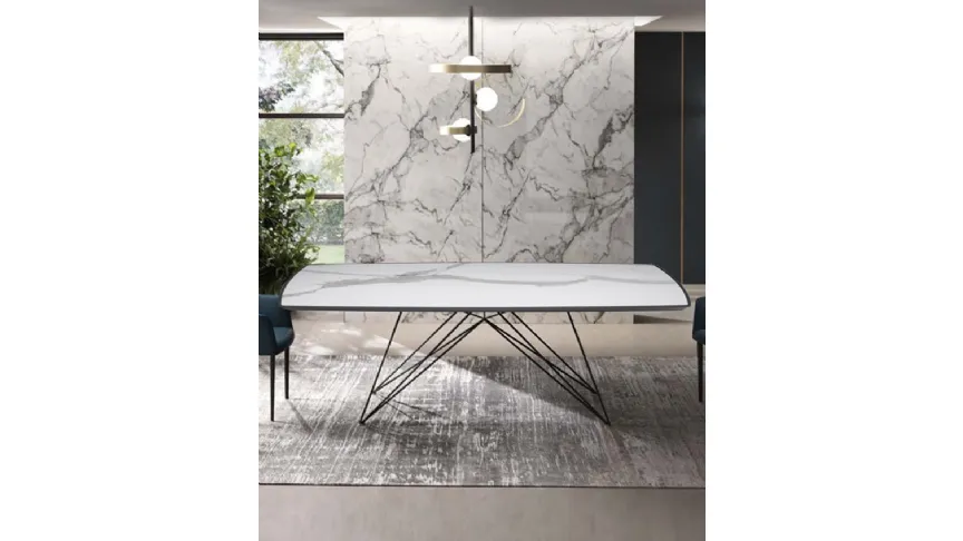 Tavolo Pegaso con top in Legno con inserto in Ceramica e base in tondino di acciaio di Riflessi