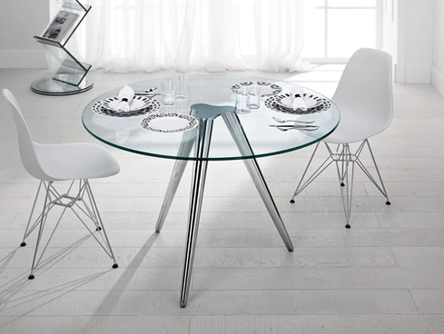 Tavolo rotondo con piano in vetro e basamento in metallo Unit di Tonelli