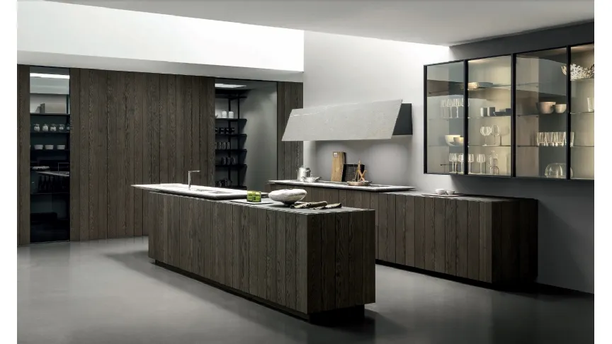 Cucina Design con isola Float finitura Rovere Carbone con top in Pietra Piasentina Fiammata di Modulnova