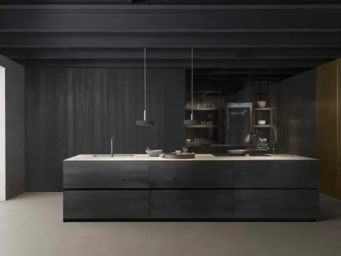 Cucina Design con isola Fly finitura Cedro Brown con top in pietra Emperador Raw di Modulnova