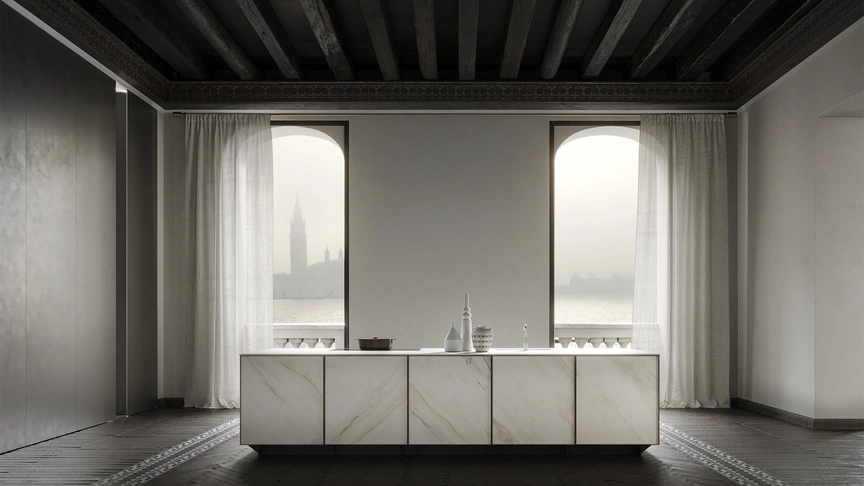 Cucina Design a isola in marmo con profili in noce Frame Lab di Modulnova