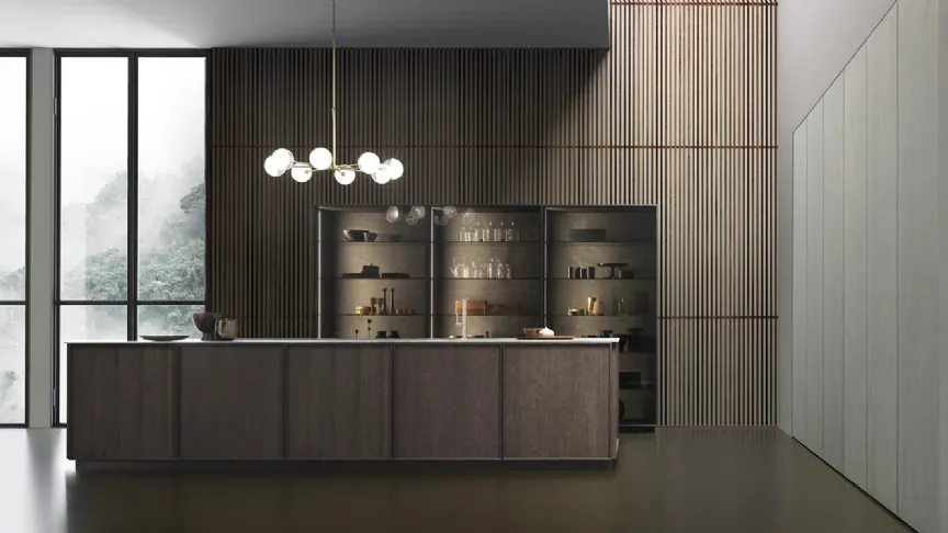 Cucina Design con isola Frame finitura impiallacciato Rovere Brown con top in Gres Stone Grey di Modulnova