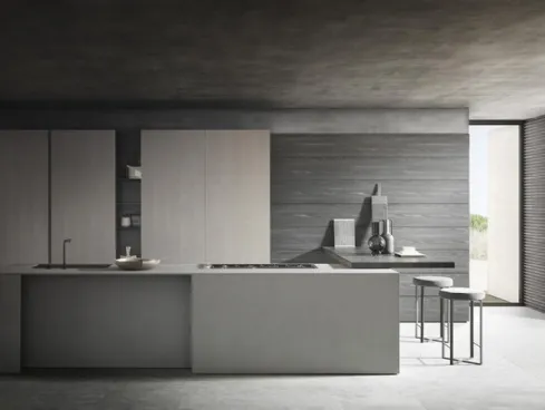 Cucina Design MH6 finitura Milltech Marna con top e penisola in laminato di Modulnova