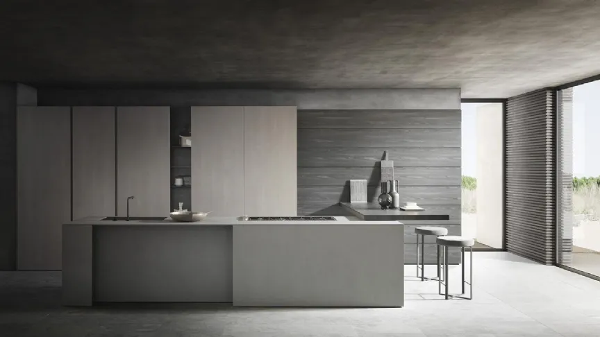 Cucina Design MH6 finitura Milltech Marna con top e penisola in laminato di Modulnova