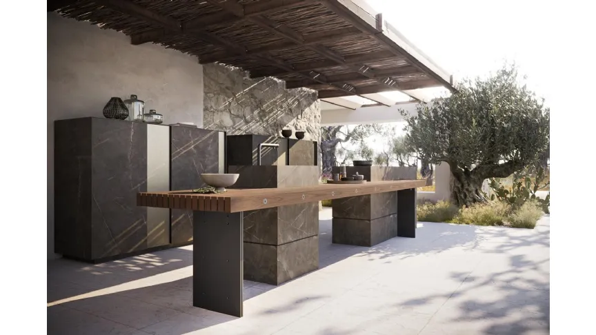 Cucina Design per esterno con isola Project 01 in gres e legno massello di Modulnova