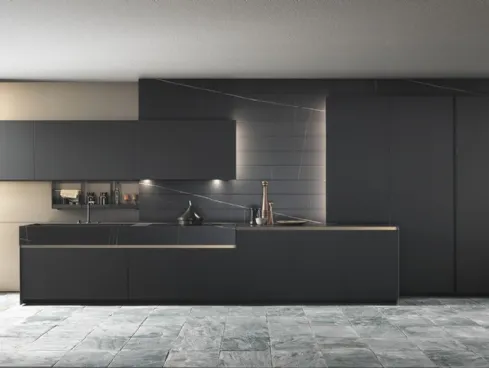 Cucina Design lineare Skill in laccato super matt Black Grey con top in Gres Sahara Noir Azalai di Modulnova