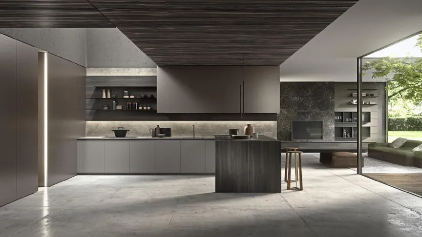 Cucina Design Twenty in laccato Cendre satinato e Leaf Metal Dark Brown con penisola finitura milltech Eucalipto e top in Gres City Stone Brown di Modulnova