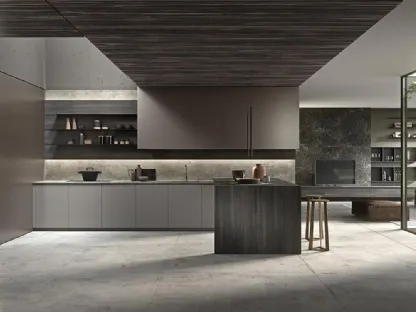 Cucina Design Twenty in laccato Cendre satinato e Leaf Metal Dark Brown con penisola finitura milltech Eucalipto e top in Gres City Stone Brown di Modulnova