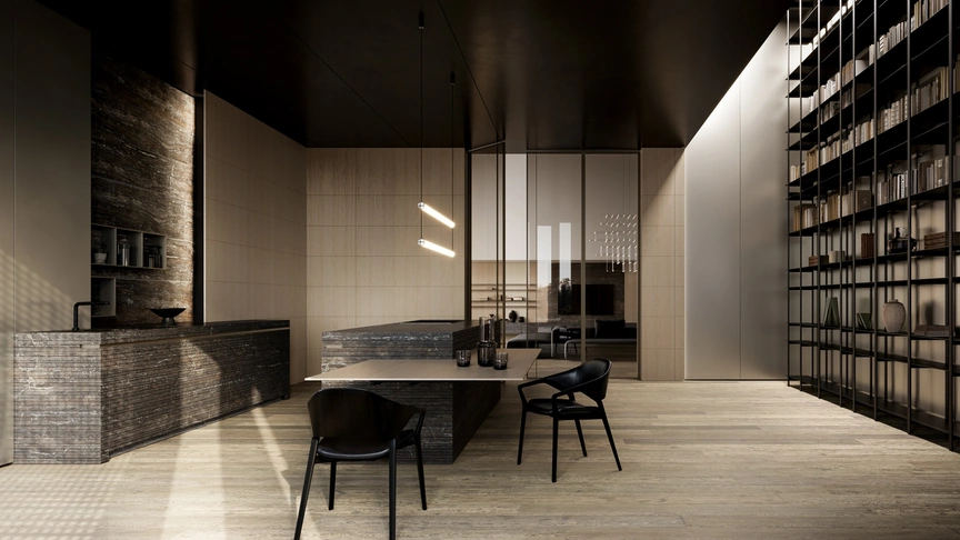 Cucina Design con isola Twenty Lab in Travertino Titanium di Modulnova
