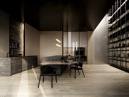 Cucina Design con isola Twenty Lab in Travertino Titanium di Modulnova