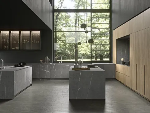 Cucina Design con due isole Twenty in Gres Piasentina Senda con colonne in Noce Milano di Modulnova