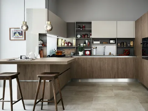 Cucina Moderna Ethica Go angolare in finitura Quercia Medio Dek e Silk Grigio Tortora di Veneta Cucine