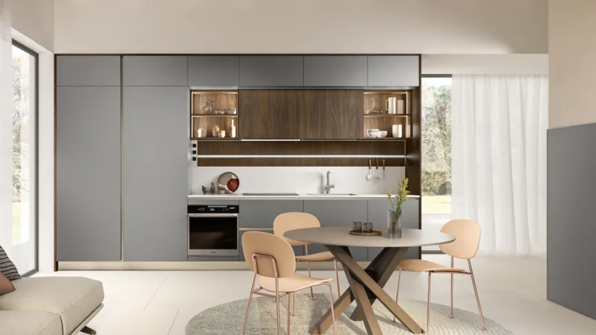 Cucina Moderna lineare Like J 01 in laccato Grigio e Noce di Veneta Cucine