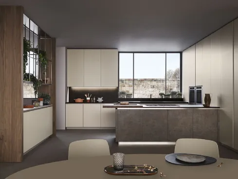 Cucina Moderna Lounge con penisola in laccato Grigio Corda e Noce Nodoso di Veneta Cucine
