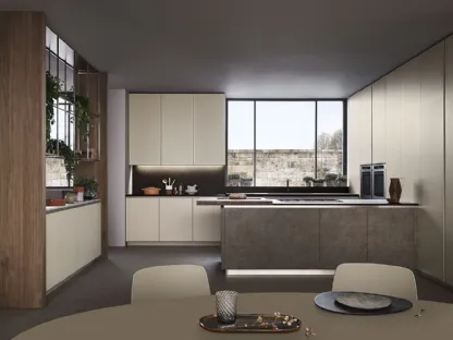 Cucina Moderna Lounge con penisola in laccato Grigio Corda e Noce Nodoso di Veneta Cucine