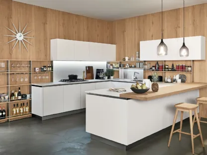 Cucina Moderna Oyster con penisola in finitura Silk Bianco Neve e Rovere nodoso chiaro di Veneta Cucine