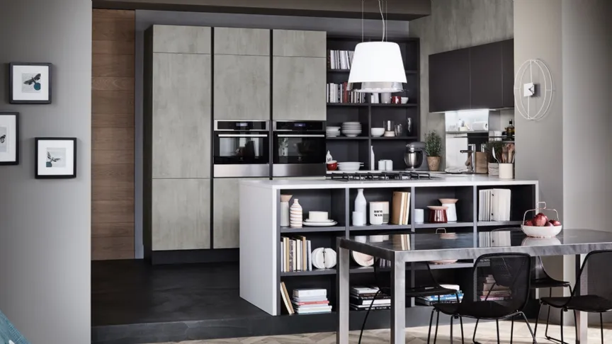 Cucina Moderna Oyster con penisola in finitura Beton Grigio Dek e Ardesia di Veneta Cucine