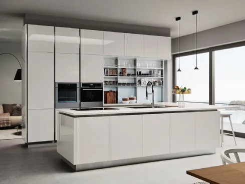 Cucina Moderna Oyster con penisola in laccato lucido Bianco di Veneta Cucine