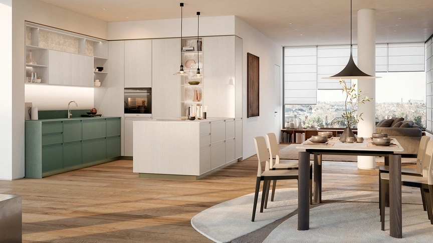 Cucina Moderna con penisola Sakura 07 in Frassino laccato opaco Verde e Frassino laccato Crema di Veneta Cucine