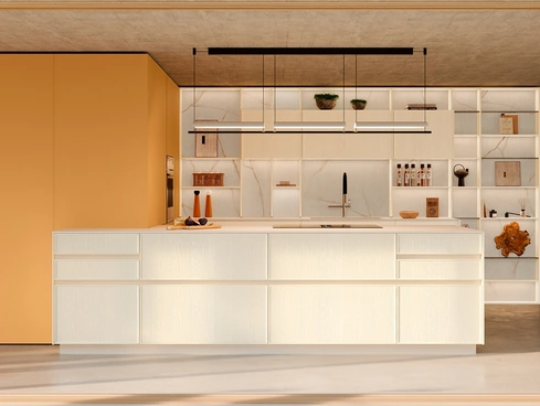 Cucina Moderna con penisola Sakura 11 in Frassino laccato Bianco e laccato opaco Pesca di Veneta Cucine