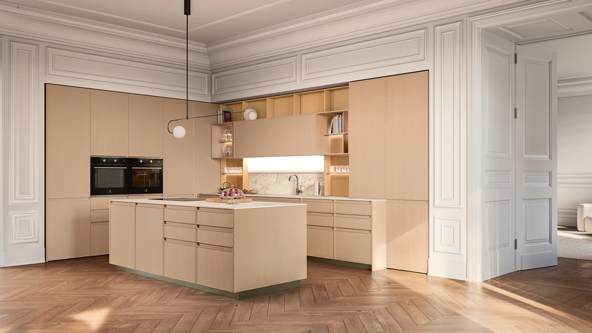 Cucina Moderna con isola Sakura 14 in Frassino laccato Nude di Veneta Cucine