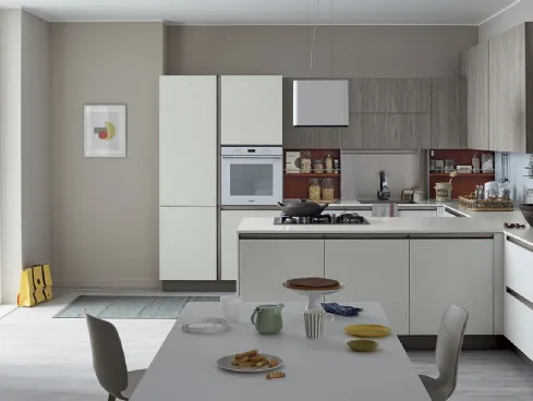 Cucina Moderna Start Time Presa angolare con penisola in finitura Graffiato Gesso, laccato Rame e olmo Neutro di Veneta Cucine