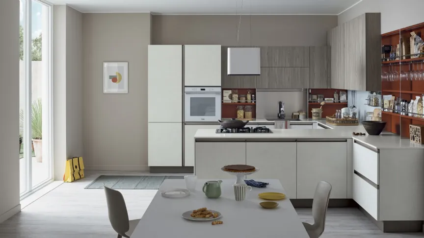 Cucina Moderna Start Time Presa angolare in finitura Graffiato Gesso, laccato Rame e olmo Neutro di Veneta Cucine